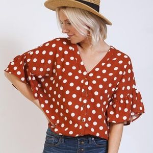 Polka-Dot Ruffle Sleeve Button Down Top